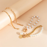 Golden Yellow Casual Patchwork Chains Pearl Bracelets