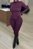 Dark Purple Fashion Casual Solid Basic Turtleneck Long Sleeve Two Pieces