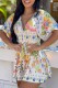White Casual Print Patchwork V Neck Regular Romper