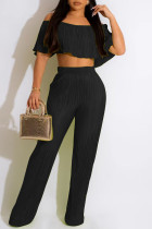 Black Sexy Solid Patchwork Fold Off the Shoulder Half Sleeve Two Pieces