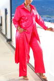 Red Casual Patchwork Buckle Slit Turndown Collar Long Sleeve Two Pieces