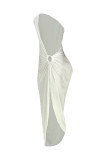Orange Red Sexy Solid Hollowed Out Patchwork Asymmetrical Oblique Collar Straight Dresses(No Vests)