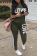 Army Green Casual Letter Print Basic O Neck Short Sleeve Two Pieces