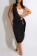Black Sexy Solid Hollowed Out Patchwork Asymmetrical Oblique Collar Straight Dresses(No Vests)