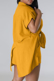 Pink Casual Solid Patchwork Buckle Slit Turndown Collar Short Sleeve Two Pieces