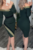 Dark Green Casual Print Patchwork V Neck Long Sleeve Dresses
