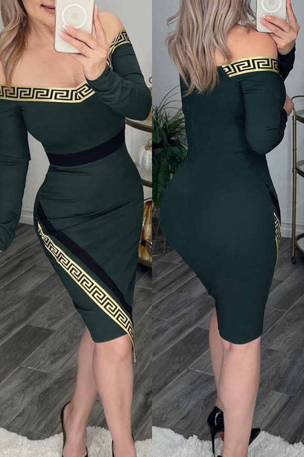 Dark Green Casual Print Patchwork V Neck Long Sleeve Dresses