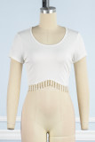 Rose Red Casual Solid Tassel Patchwork O Neck T-Shirts