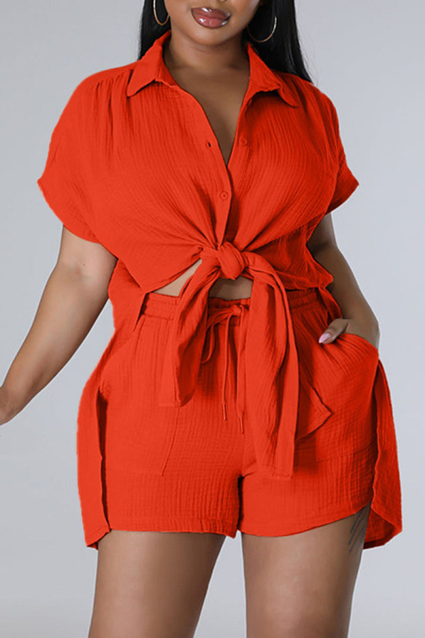 Tangerine Red Casual Solid Patchwork Buckle Slit Turndown Collar Short Sleeve Two Pieces