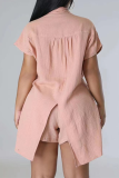 Pink Casual Solid Patchwork Turndown Collar Short Sleeve Two Pieces