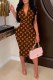 Dark Brown Casual Print Letter V Neck One Step Skirt Dresses