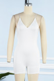 White Sexy Casual Solid Backless V Neck Skinny Romper