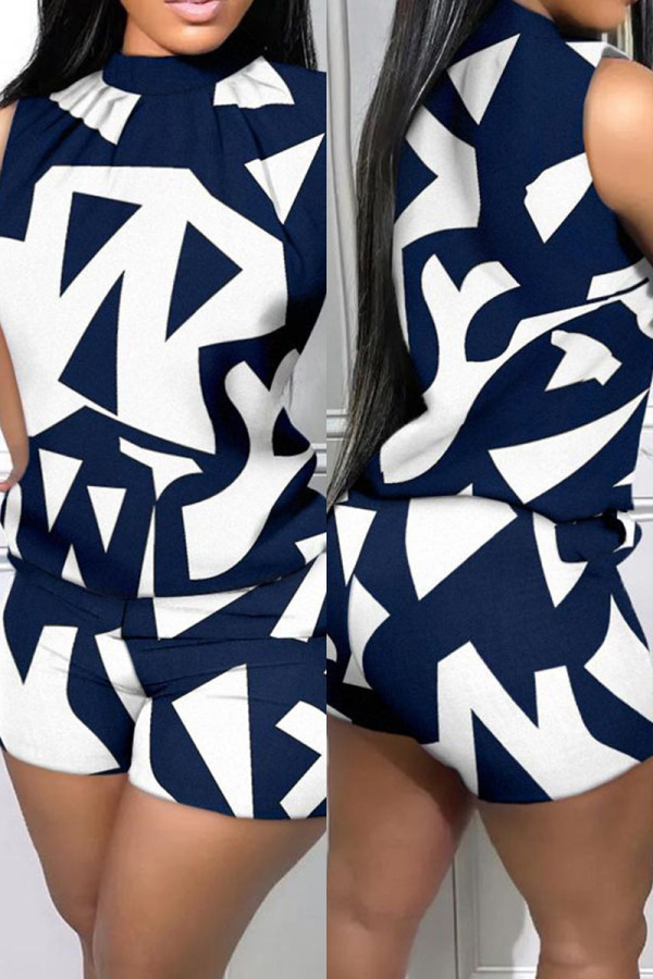 Blue White Casual Print Basic Half A Turtleneck Sleeveless Two Pieces