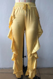 Yellow Casual Solid Patchwork Flounce High Waist Pencil Solid Color Bottoms