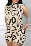 Blue Casual Print Basic Half A Turtleneck Sleeveless Two Pieces