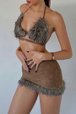 Brown Sexy Solid Patchwork Feathers Halter Sleeveless Two Pieces