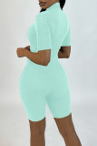 Baby Blue Sexy Solid Patchwork Zipper Collar Skinny Rompers