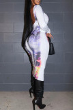 White Sexy Street Print Patchwork O Neck One Step Skirt Dresses