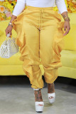 Yellow Casual Solid Patchwork Flounce High Waist Pencil Solid Color Bottoms