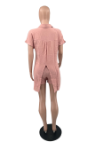 Pink Casual Solid Patchwork Turndown Collar Short Sleeve Two Pieces