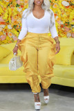 Yellow Casual Solid Patchwork Flounce High Waist Pencil Solid Color Bottoms