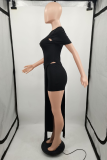 Black Sexy Solid High Opening O Neck Short Sleeve Two Pieces