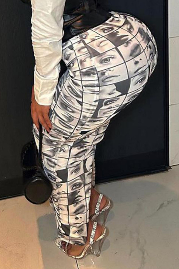 Black White Street Print Patchwork High Waist Pencil Full Print Bottoms