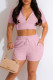 Pink Casual Solid Patchwork Zipper Hooded Collar Short Sleeve Two Pieces