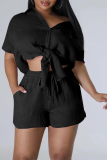 Pink Casual Solid Patchwork Turndown Collar Short Sleeve Two Pieces