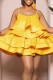 Yellow Sweet Solid Patchwork Spaghetti Strap Cake Skirt Dresses
