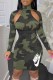 Army Green Street Camouflage Print Letter Turtleneck One Step Skirt Dresses