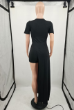 Black Sexy Solid High Opening O Neck Short Sleeve Two Pieces