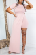 Pink Sexy Solid High Opening O Neck Short Sleeve Two Pieces