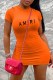 Tangerine Red Casual Print Letter O Neck One Step Skirt Dresses
