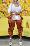 Yellow Casual Solid Patchwork Flounce High Waist Pencil Solid Color Bottoms
