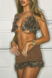 Brown Sexy Solid Patchwork Feathers Halter Sleeveless Two Pieces