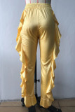 Yellow Casual Solid Patchwork Flounce High Waist Pencil Solid Color Bottoms