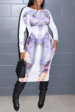 White Sexy Street Print Patchwork O Neck One Step Skirt Dresses