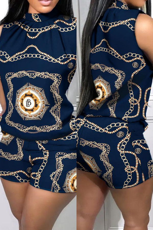 Blue Casual Print Basic Half A Turtleneck Sleeveless Two Pieces