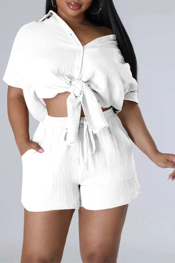 White Casual Solid Patchwork Turndown Collar Short Sleeve Two Pieces