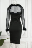 Black Sexy Solid Patchwork Strapless Long Sleeve Two Pieces