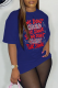 Navy Blue Street Print Patchwork Letter O Neck T-Shirts