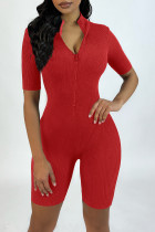 Red Sexy Solid Patchwork Zipper Collar Skinny Rompers