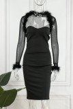 Black Sexy Solid Patchwork Strapless Long Sleeve Two Pieces