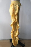Yellow Casual Solid Patchwork Flounce High Waist Pencil Solid Color Bottoms