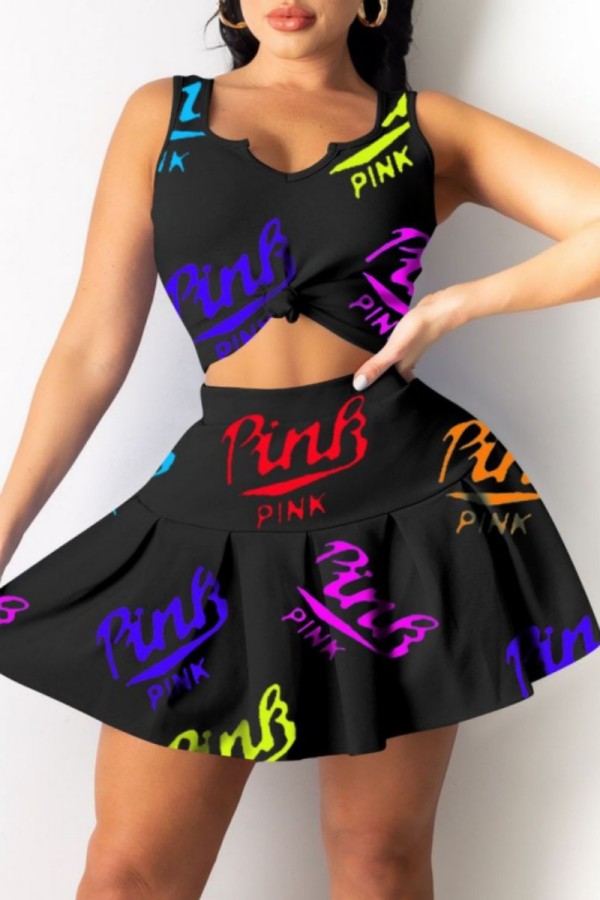 Black Sexy Casual Letter Print Basic V Neck Sleeveless Two Pieces