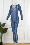 Blue Sexy Striped Print Patchwork U Neck Skinny Jumpsuits