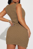 Khaki Sexy Solid Hollowed Out V Neck Sleeveless Dress Dresses