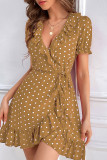 Khaki Casual Dot Print Bandage V Neck Short Sleeve Dress