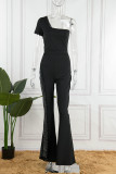 White Casual Solid Patchwork See-through Backless Oblique Collar Regular Jumpsuits